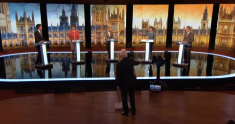 The line-up of the leaders' debate. Screen capture from BBC coverage.