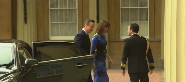 David Cameron and his wife Samantha go to Buckingham Palace for audience with the Queen. Image: BBC Live TV News screengrab.