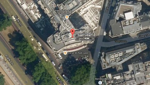 The Dorchester Hotel in London's Park Lane area. Image: Google Satellite.