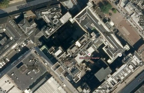 St Mary's Hospital Paddington. Lindo Wing is at the back of the hospital fronting South Wharf Road. Image: Google Satellite.