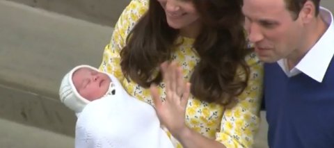 The new princess- cradled asleep in the arm of her mother the Duchess of Cambridge. Image: Screengrab BBC Live News.